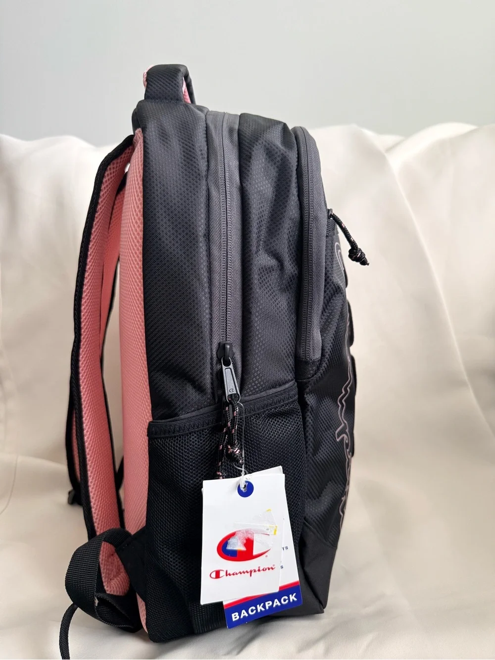 Champion Black/Pink Backpack with Gray Reflective Stripe